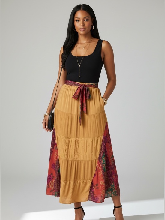 Cato Dresses & Skirts - Mustard Tiered Maxi Skirt with Printed Side Panels